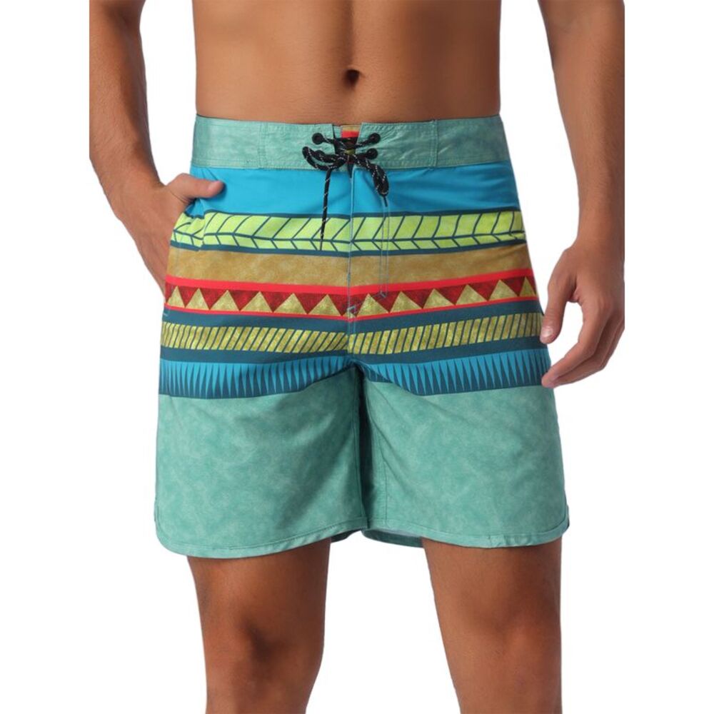 Color Block Drawstring Waist Pool Beach Striped Swimming Shorts Green